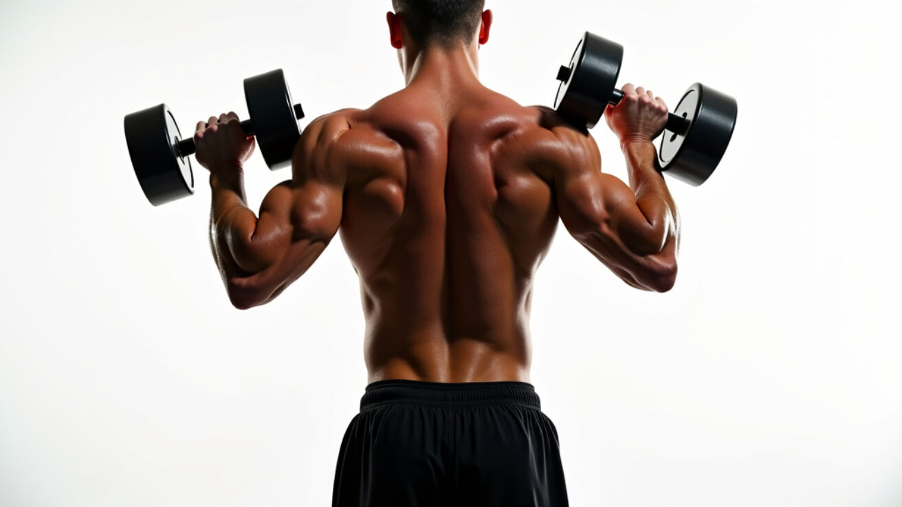 A muscular male athlete performing a dumbbell shoulder press, showcasing his torso and arms against a white background.