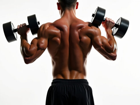 A muscular male athlete performing a dumbbell shoulder press, showcasing his torso and arms against a white background.