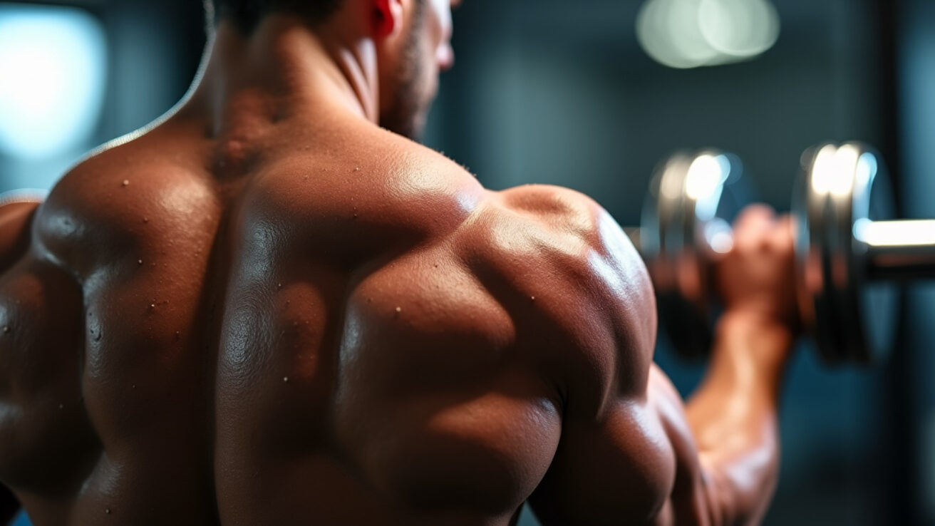 A muscular male back during a dumbbell row exercise with sweat glistening on the muscles.