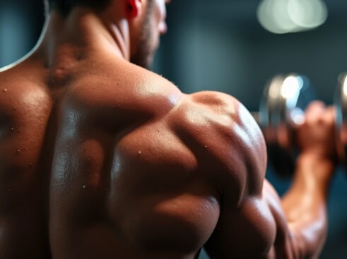 A muscular male back during a dumbbell row exercise with sweat glistening on the muscles.