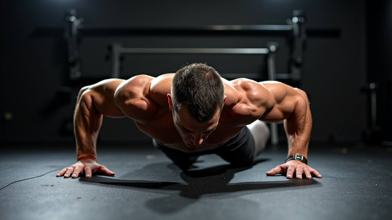 Professional studio photograph of a muscular male fitness model performing a perfect form push-up on a sleek black gym floor.