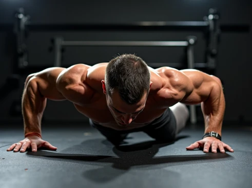 Professional studio photograph of a muscular male fitness model performing a perfect form push-up on a sleek black gym floor.