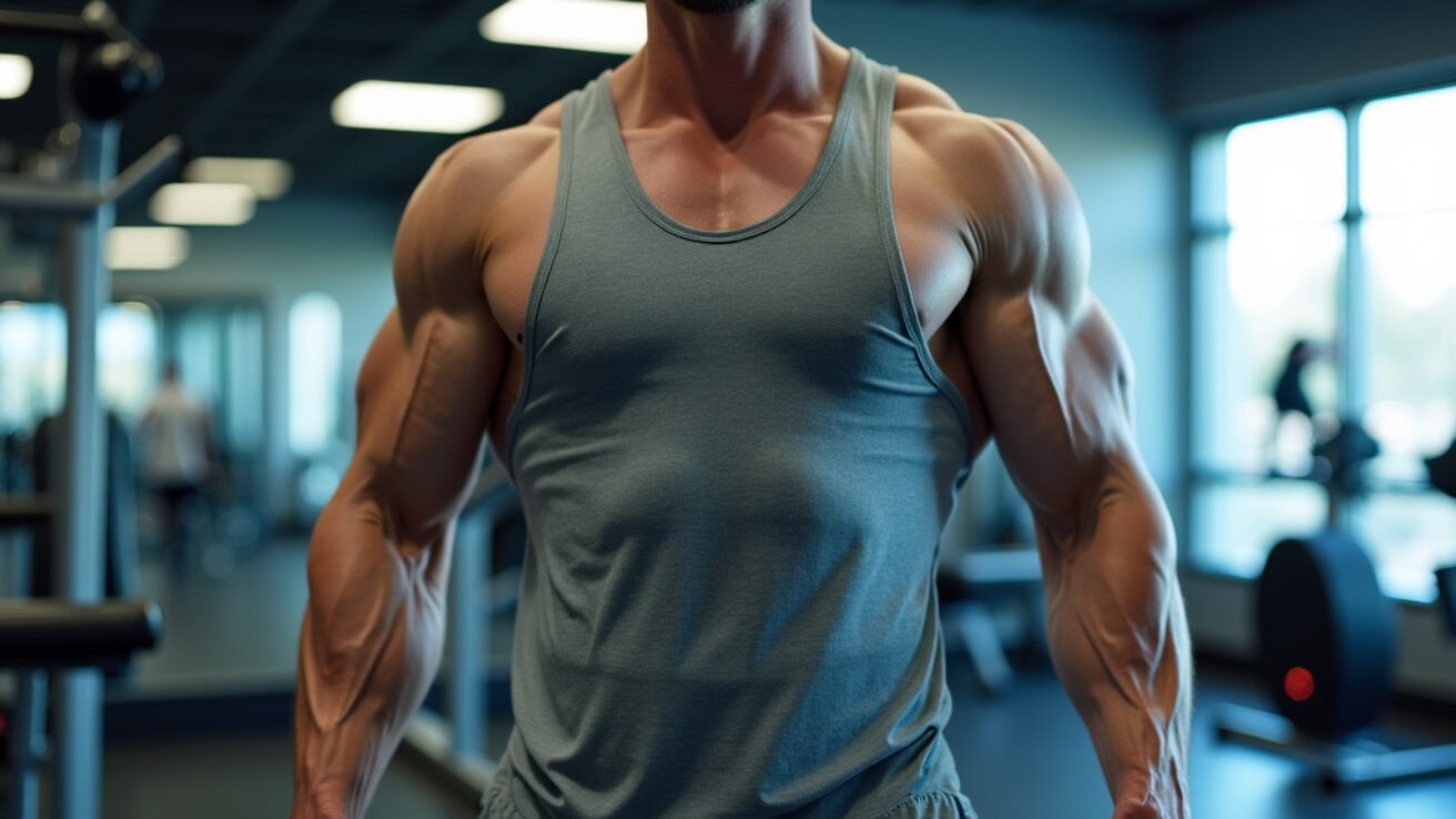 A muscular male torso performing a dumbbell press in a modern gym