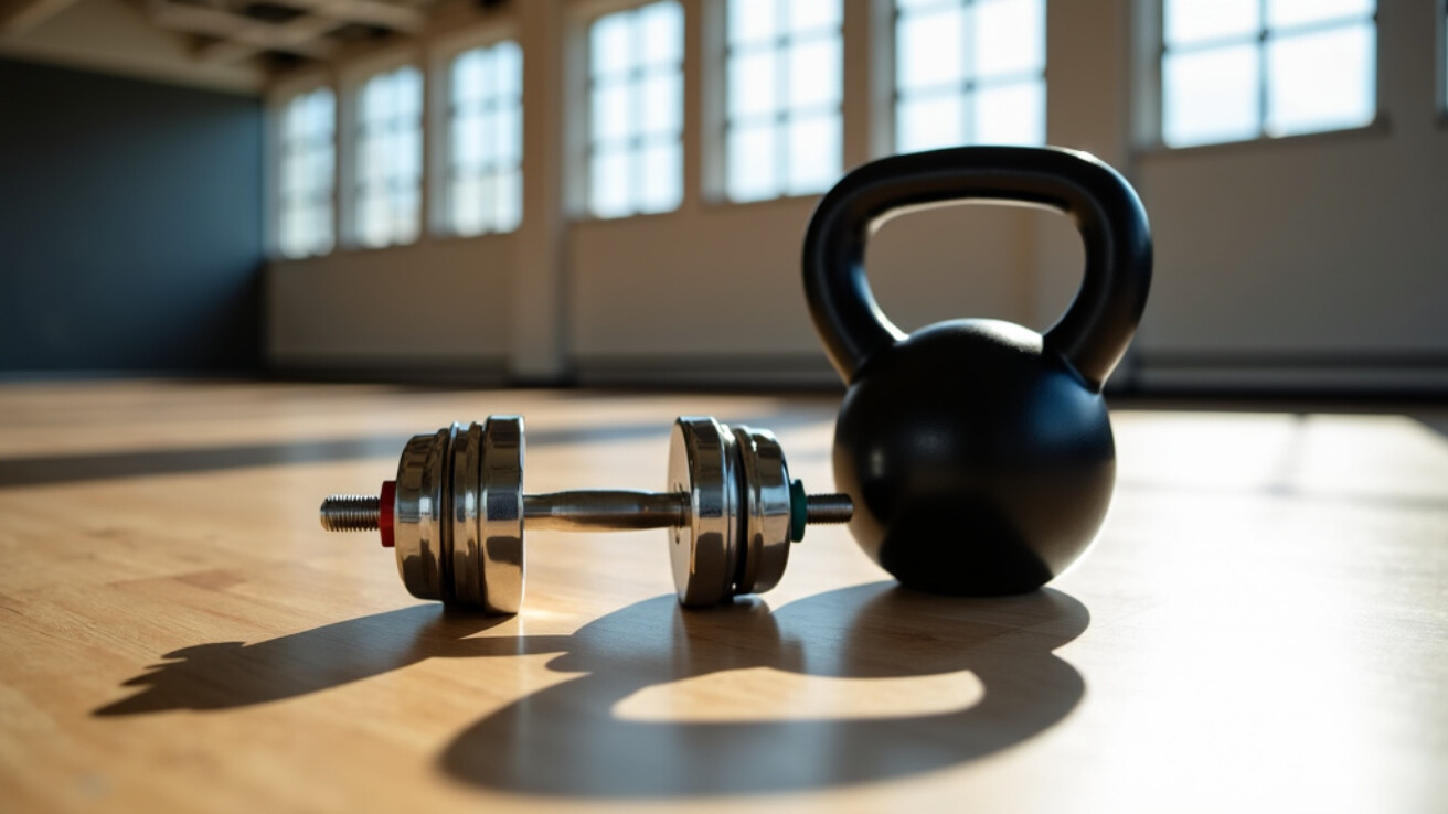 A set of pristine dumbbells and a classic black iron kettlebell arranged on a light wooden gym floor, captured from a high angle with natural lighting.