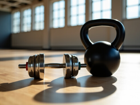 A set of pristine dumbbells and a classic black iron kettlebell arranged on a light wooden gym floor, captured from a high angle with natural lighting.