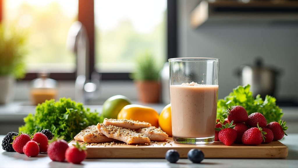 A professional photo of a kitchen countertop with a protein shaker, grilled chicken, quinoa, vegetables, and berries in natural light