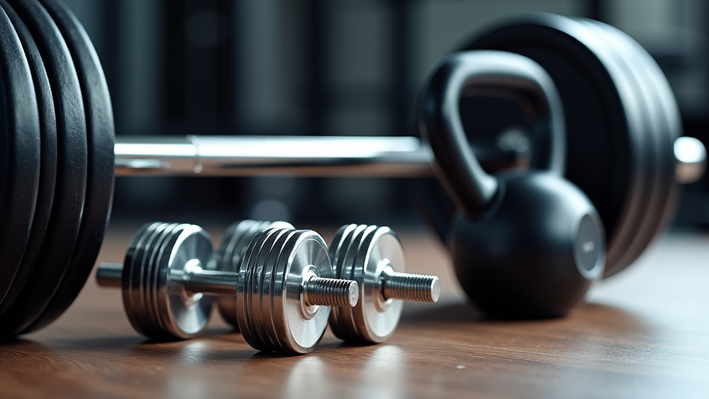 Three types of free weights arranged in a modern gym setting, featuring chrome dumbbells, an Olympic barbell with weight plates, and a matte black kettlebell on a clean floor.