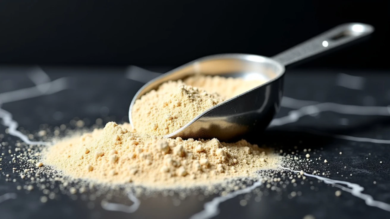 A professional studio shot of a glass scoop filled with vanilla protein powder spilling onto a black marble surface.