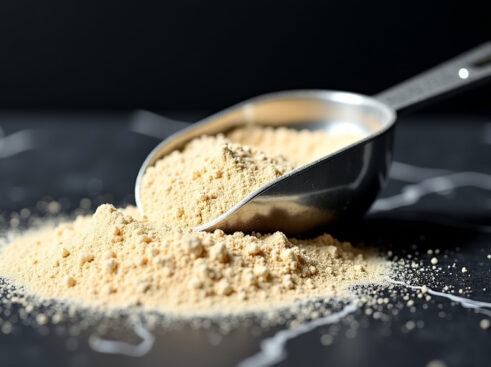 A professional studio shot of a glass scoop filled with vanilla protein powder spilling onto a black marble surface.